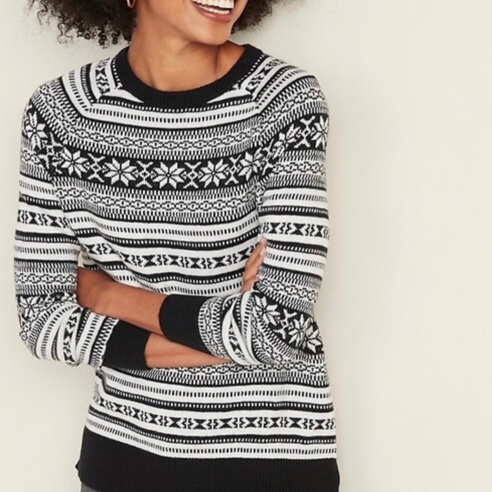 Old Navy Black and White Fair Isle Crewneck Sweater XL